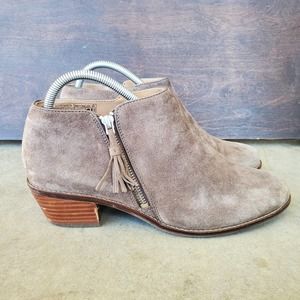Vionic Serena Suede Booties Ankle Boot Tan Leather Comfort Side Zip Stacked Heel